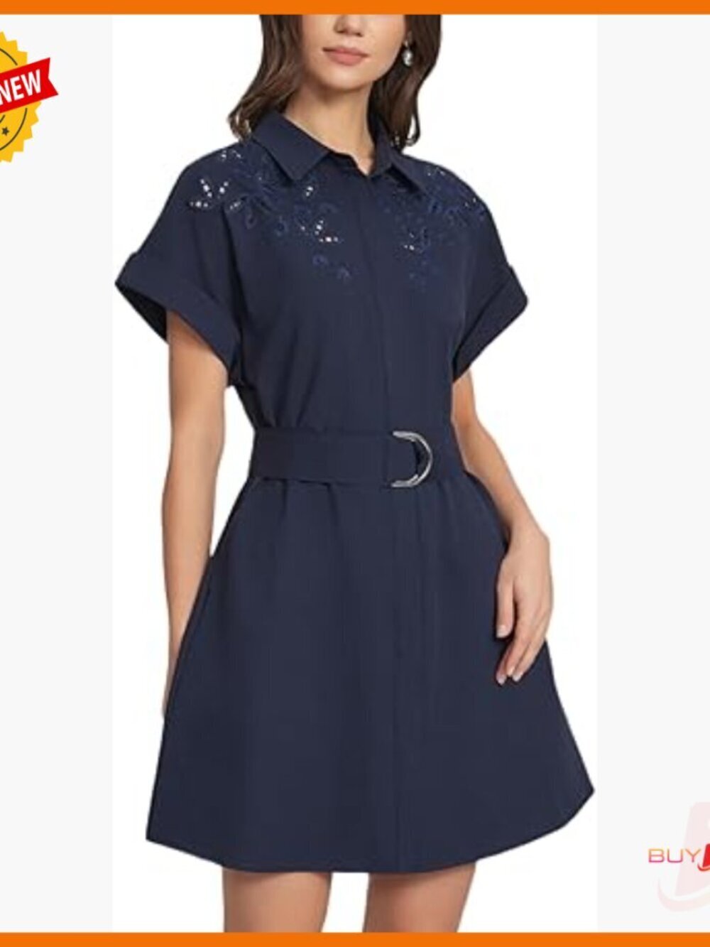 Cotton Eyelet Lace Mini Dress V-Neck Short Sleeve Button Up with Belt